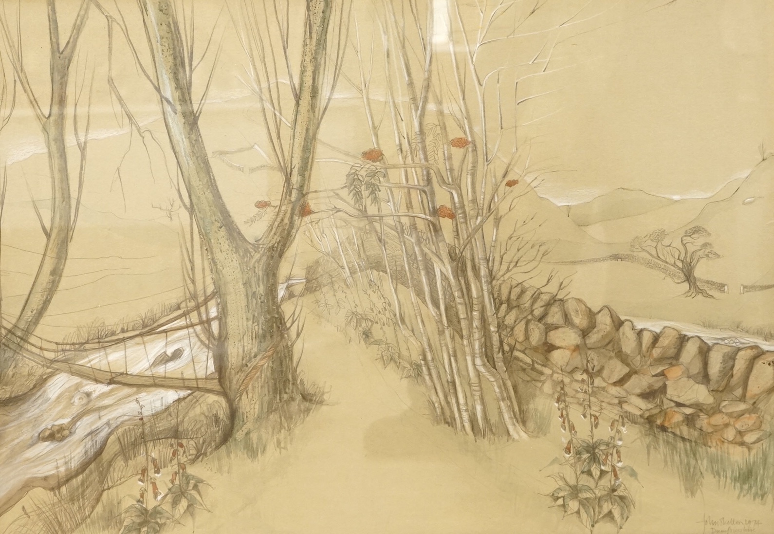 John Skelton (1923-2009), ‘Dumfriesshire’, pencil and wash, heightened with white, signed, inscribed and dated 1974, 38 x 55cm